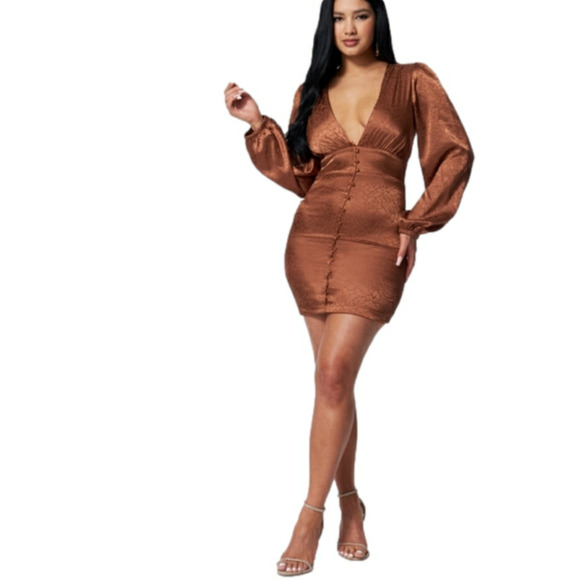 BEBE COPPER FLORAL SATIN BUTTON UP JACQUARD MINI DRESS size medium new - Picture 1 of 8